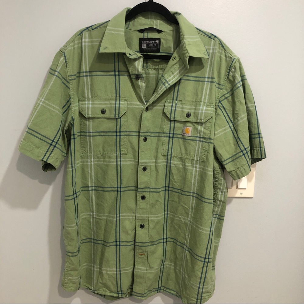 Carhartt Loose Fit Cotton Green Plaid Size Large Shirt - Short Sleeve